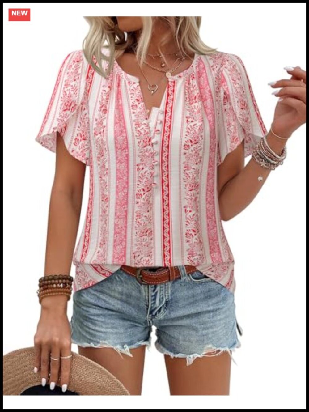Womens Boho Petal Sleeve Button Down Blouse Summer Vacation Top